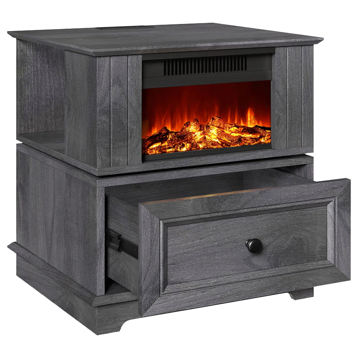 Rotating Fireplace End Table with Electric Fireplace Heater, Storage, Built-in Outlets Z1200