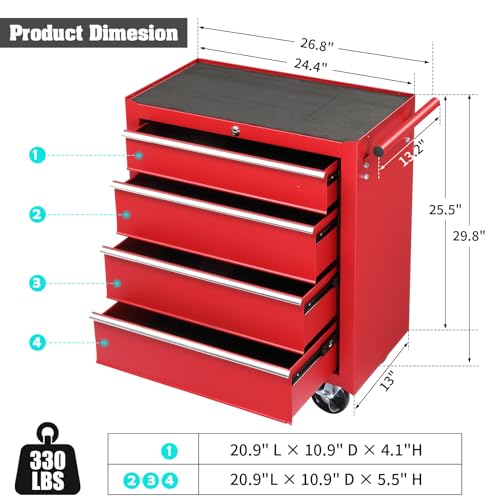 4 Drawer Rolling Metal Tool Chest with Lock J689