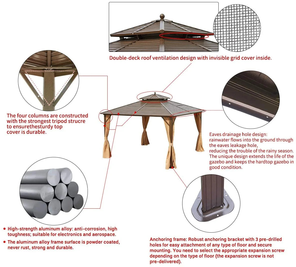 12' x 12' Hardtop Galvanized Steel Gazebo with Aluminum Frame and Netting and Curtains M7383