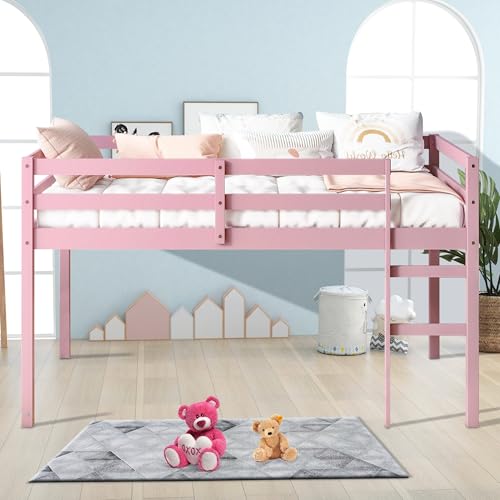 Twin Size Solid Wood Loft Bed Frame with Ladder and Safety Guardrail (White) B177