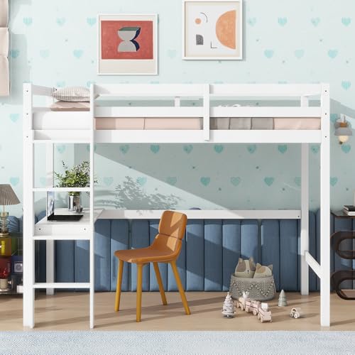 Twin Size Solid Wood Loft Bed Frame with Ladder and Safety Guardrail (White) B177