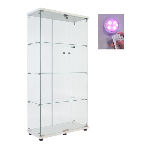 White Glass Display Cabinet with Lock and Lights 2 Doors 4 Shelves Q128278