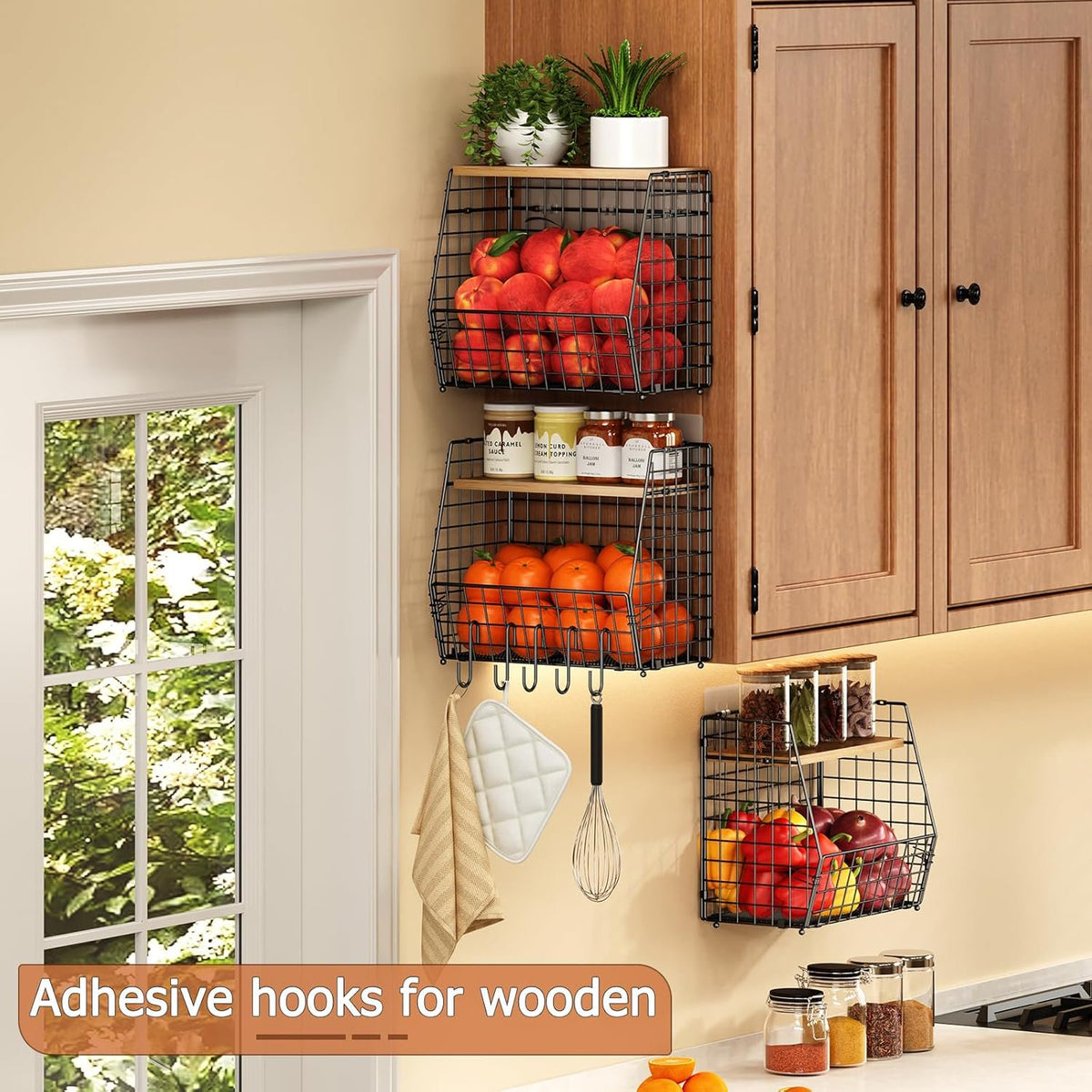 3 Pack Hanging Wire Basket with Wood Lid & S Hook F269
