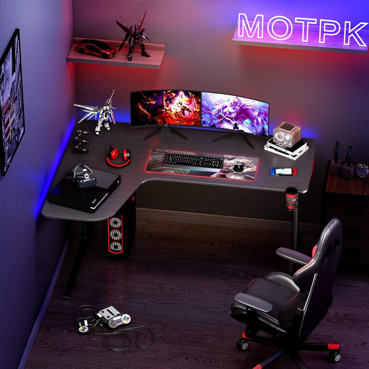 L Shaped Gaming Desk with Mouse Pad and Cup Holder H196
