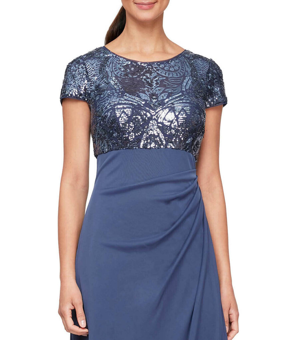 Cap Sleeve Stretch Sequin Side Ruffle Gown Q80673