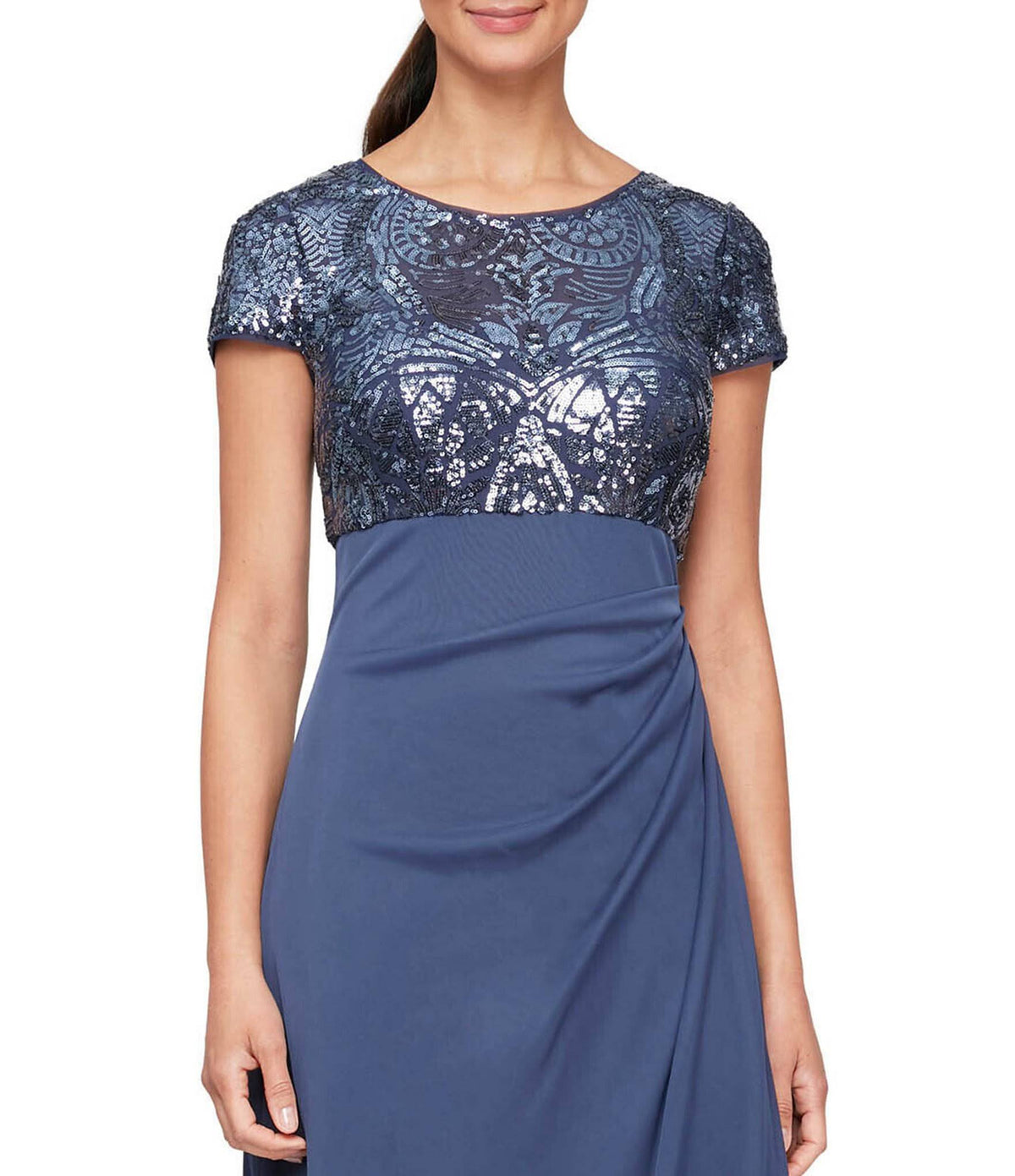 Cap Sleeve Stretch Sequin Side Ruffle Gown Q80673