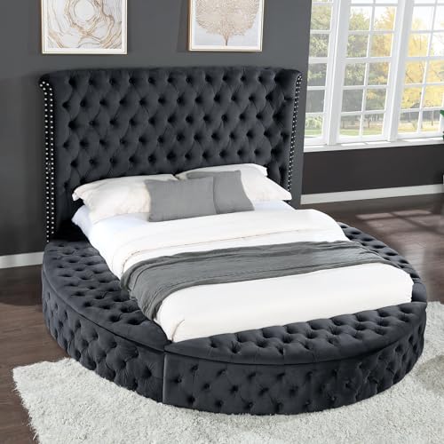 Queen Velvet Round Bed Frame with Wingback Headboard and Storage I560589