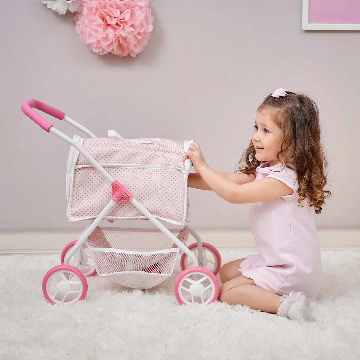 Pink/Gray Doll Stroller with Detachable Pet Carrier C6712