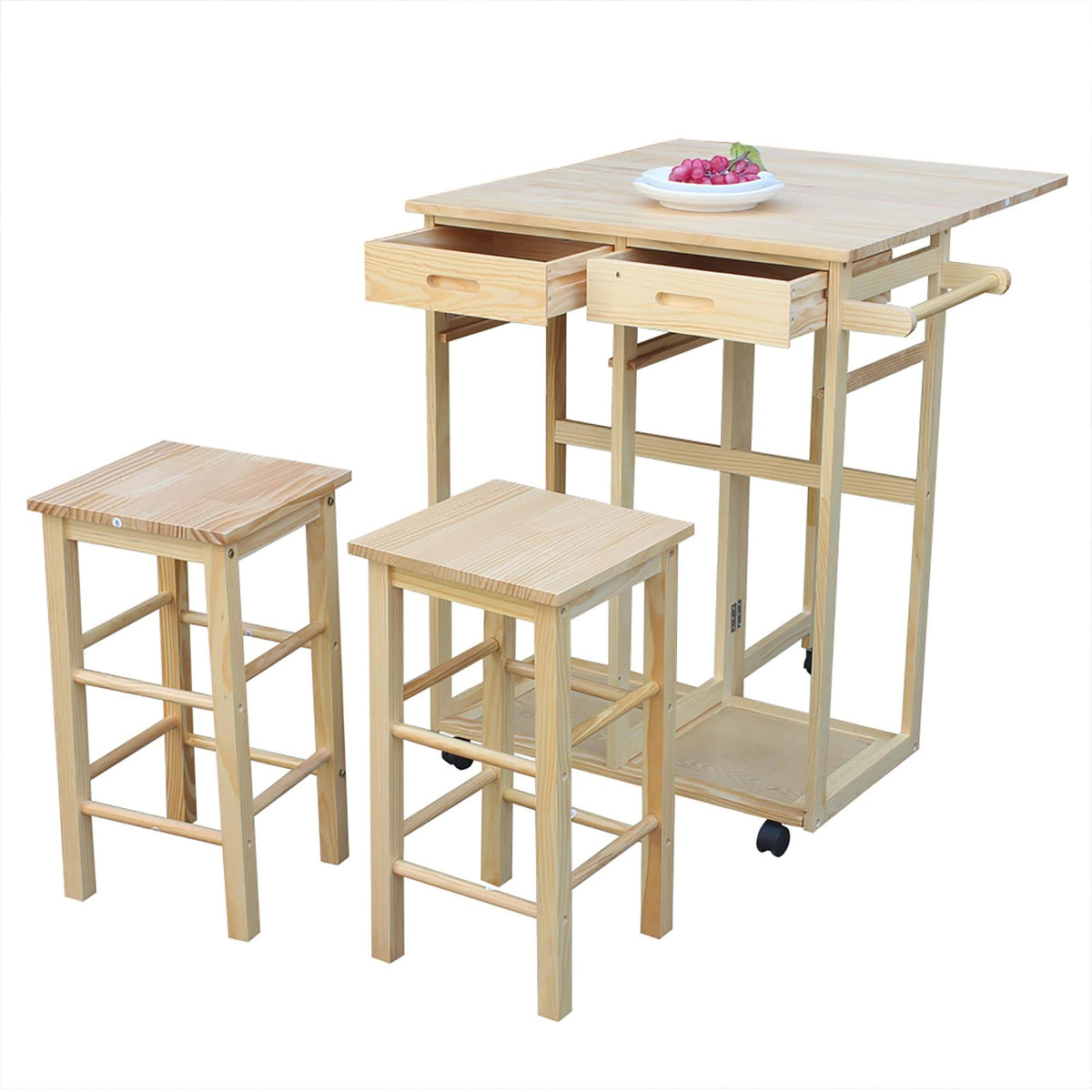 Square Folding Dining Cart Bar Table with 2 Stools N789