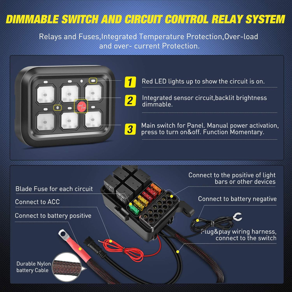 6 Gang Switch Panel Circuit Control Relay System with Fuse Wiring Harness Automatic Dimmable ON-Off LED Switch Pod U79806