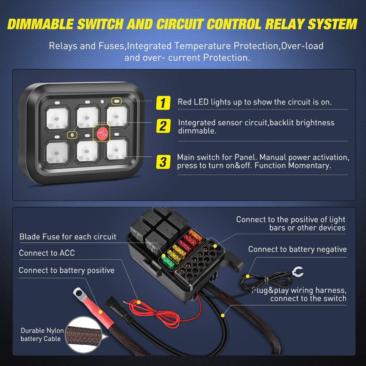 6 Gang Switch Panel Circuit Control Relay System with Fuse Wiring Harness Automatic Dimmable ON-Off LED Switch Pod U79806