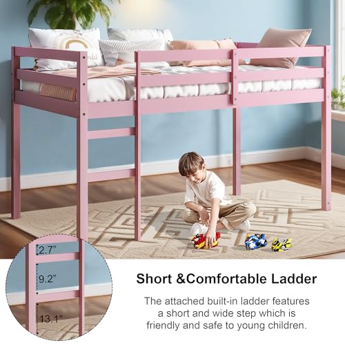 Twin Size Solid Wood Loft Bed Frame with Ladder and Safety Guardrail (White) B177