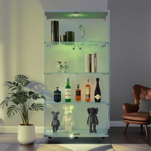White Glass Display Cabinet with Lock and Lights 2 Doors 4 Shelves Q128278