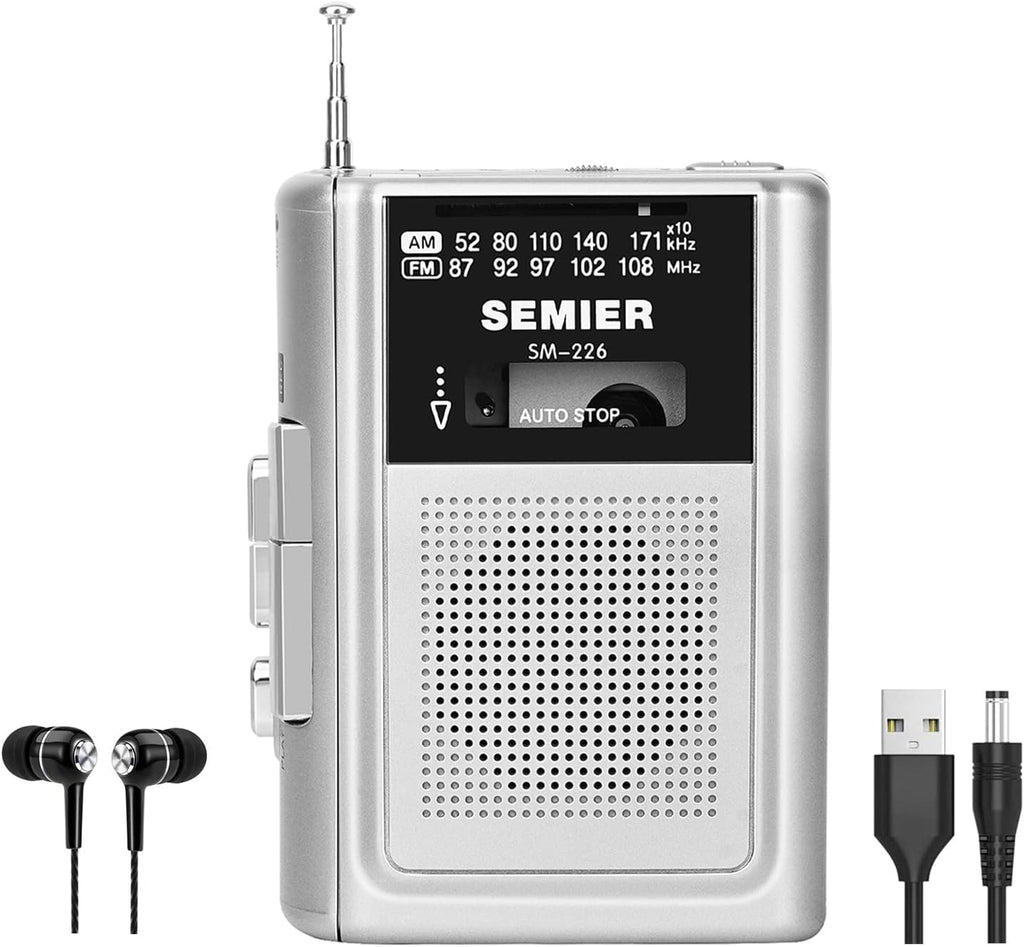 Silver Portable Cassette Player Recorder AM FM Radio Stereo with Built in Speaker and Earphones J5476