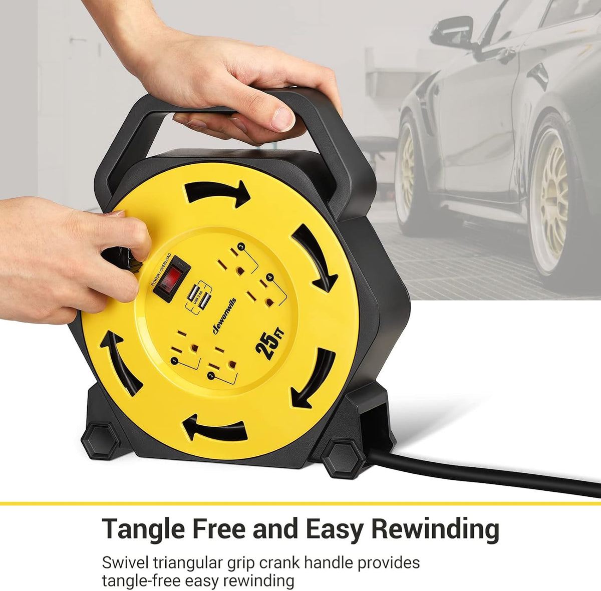 25FT Retractable Extension Cord Reel with 4 Outlets and 2 USB Ports I111