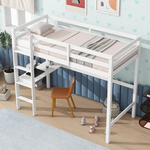 Twin Size Solid Wood Loft Bed Frame with Ladder and Safety Guardrail (White) B177