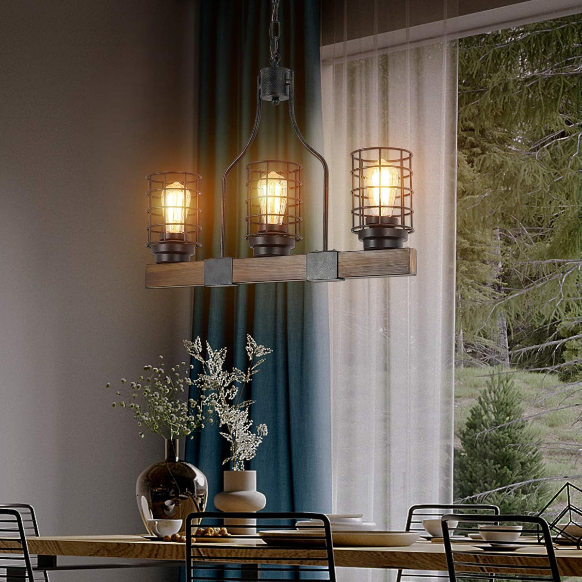 3-Lights Wood Chandelier with Cage Shade L865633