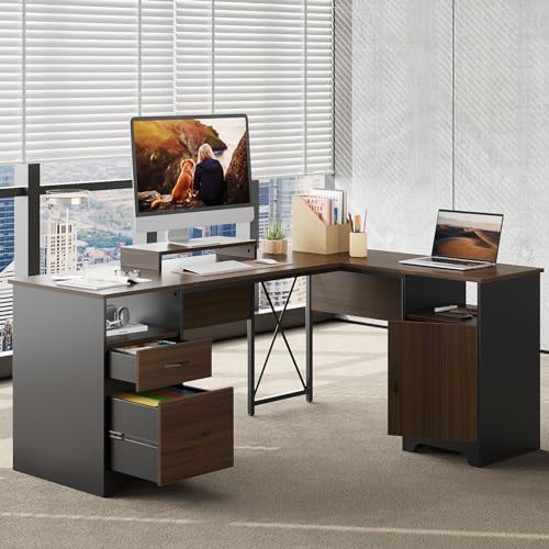 Gray L Shaped Desk with File Drawers, 63" x 47" Corner Desk with Monitor Stand I704