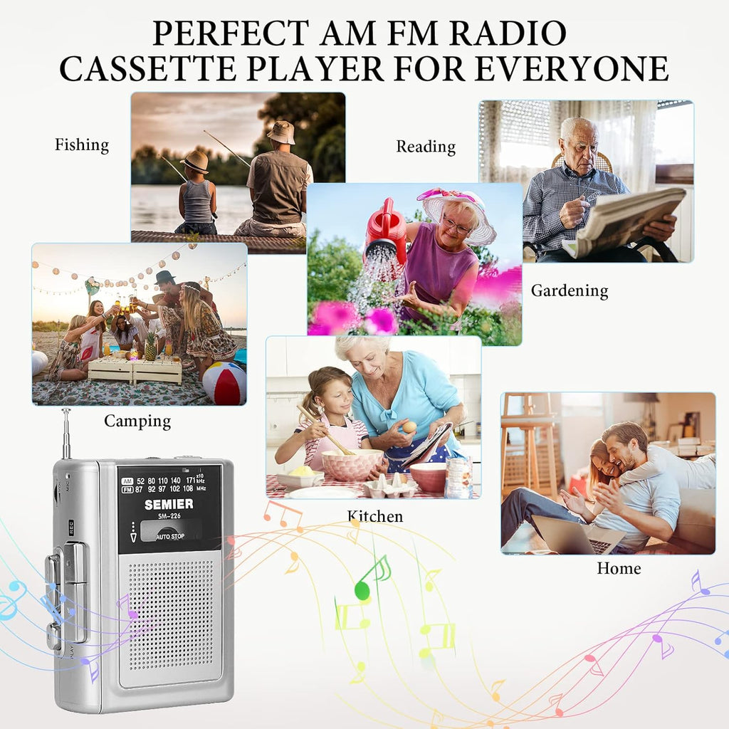 Silver Portable Cassette Player Recorder AM FM Radio Stereo with Built in Speaker and Earphones J5476