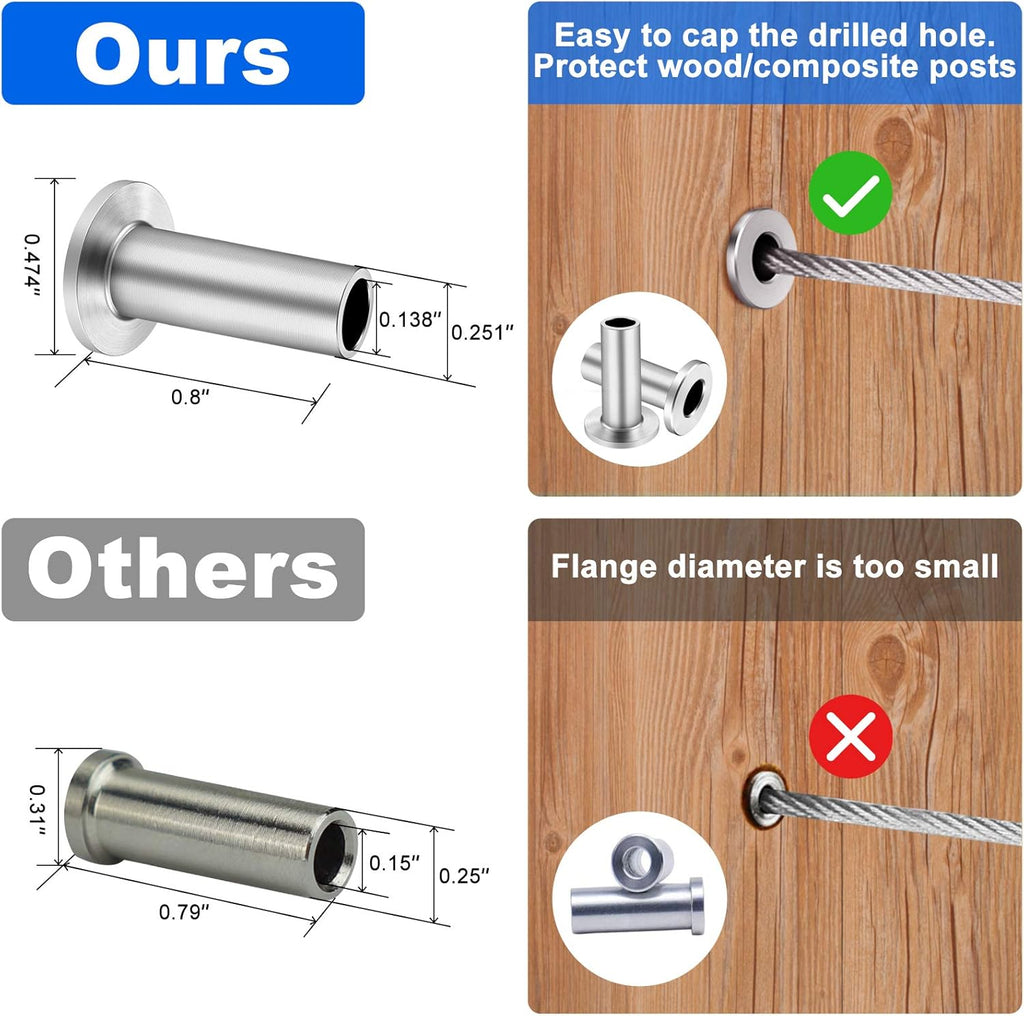 120 Pack Stainless Steel Protector Sleeves for 1/8 Wire Rope Cable Railing T564