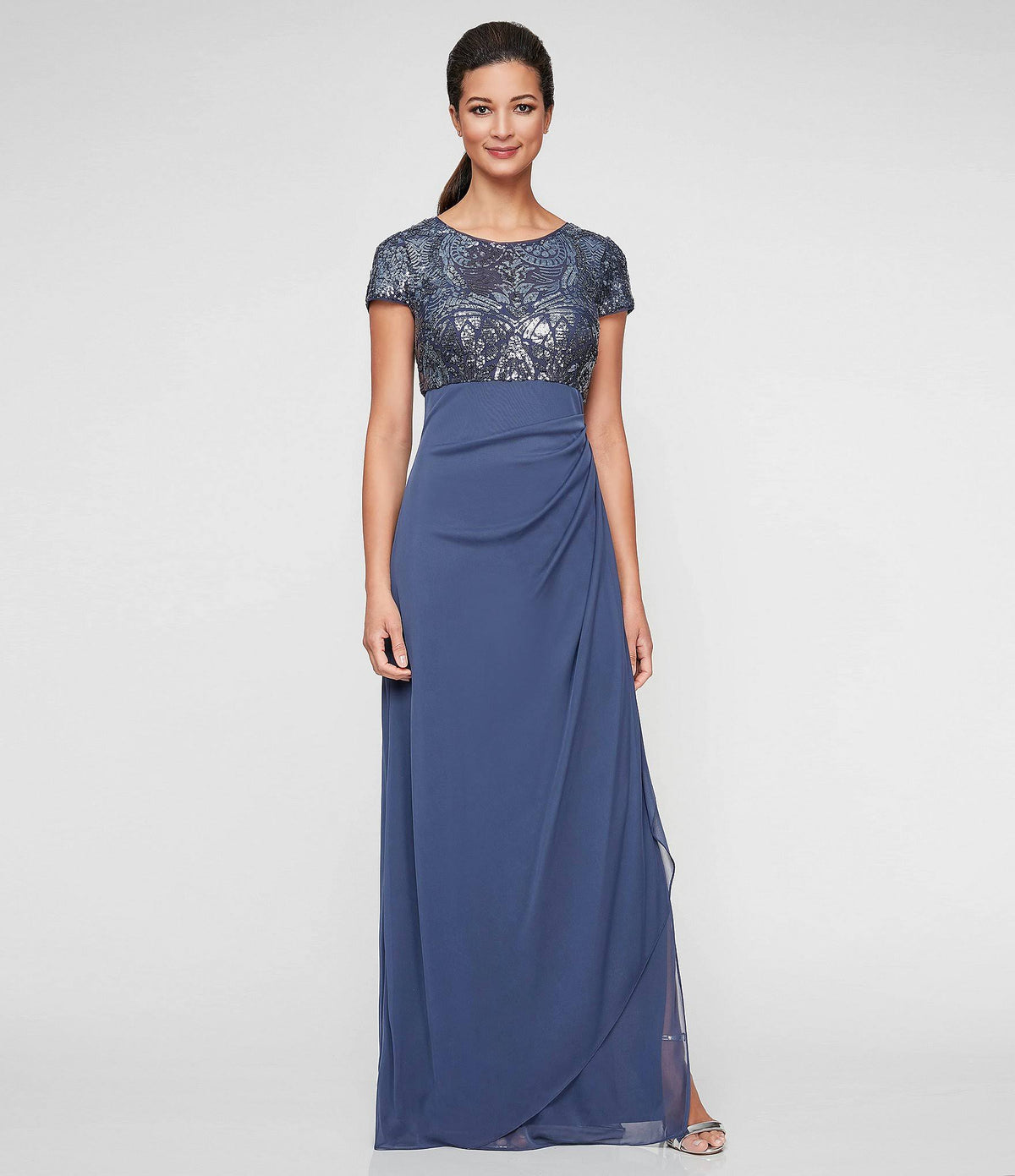 Cap Sleeve Stretch Sequin Side Ruffle Gown Q80673