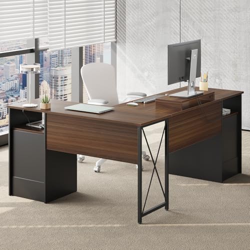 Gray L Shaped Desk with File Drawers, 63" x 47" Corner Desk with Monitor Stand I704