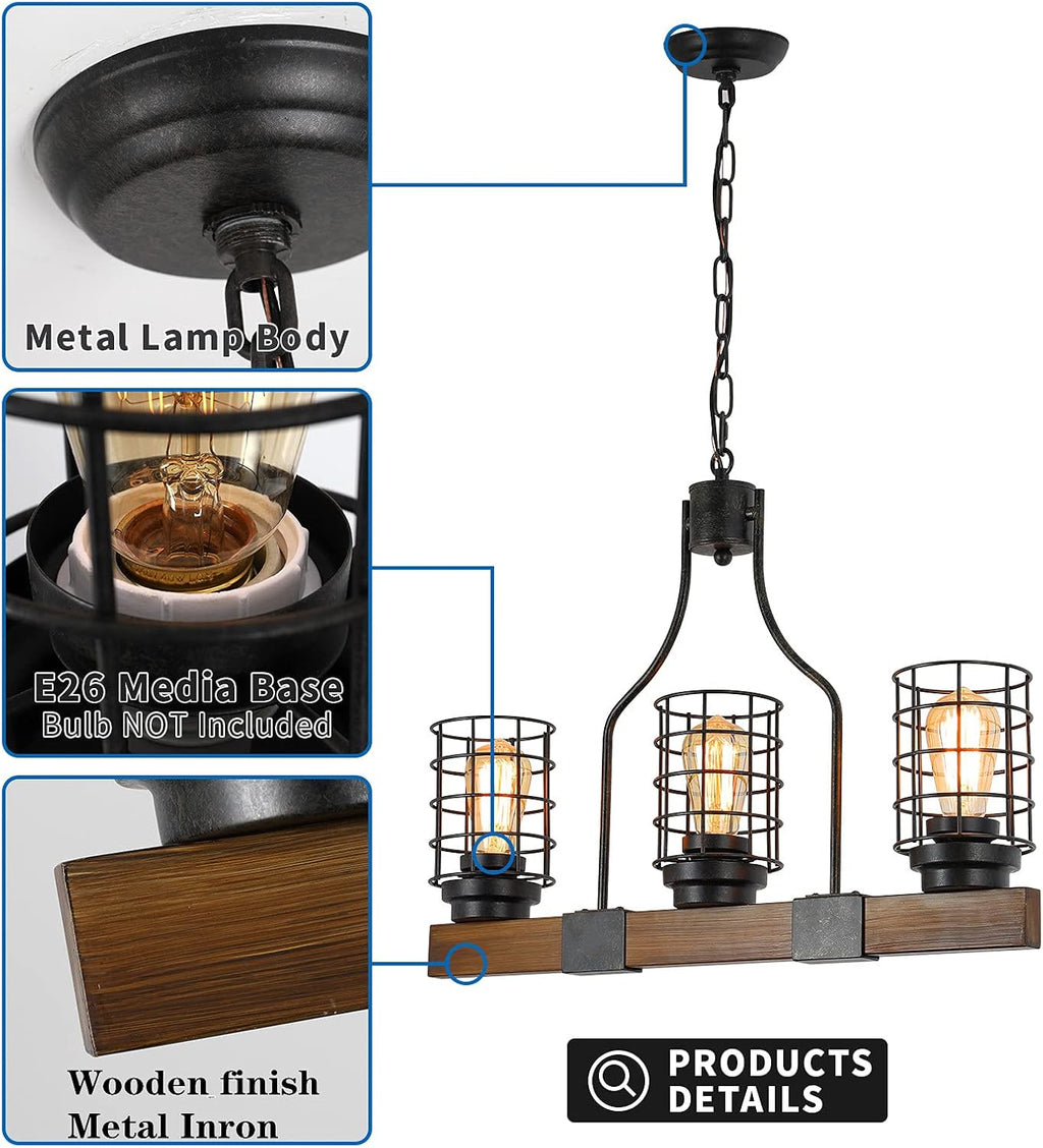 3-Lights Wood Chandelier with Cage Shade L865633