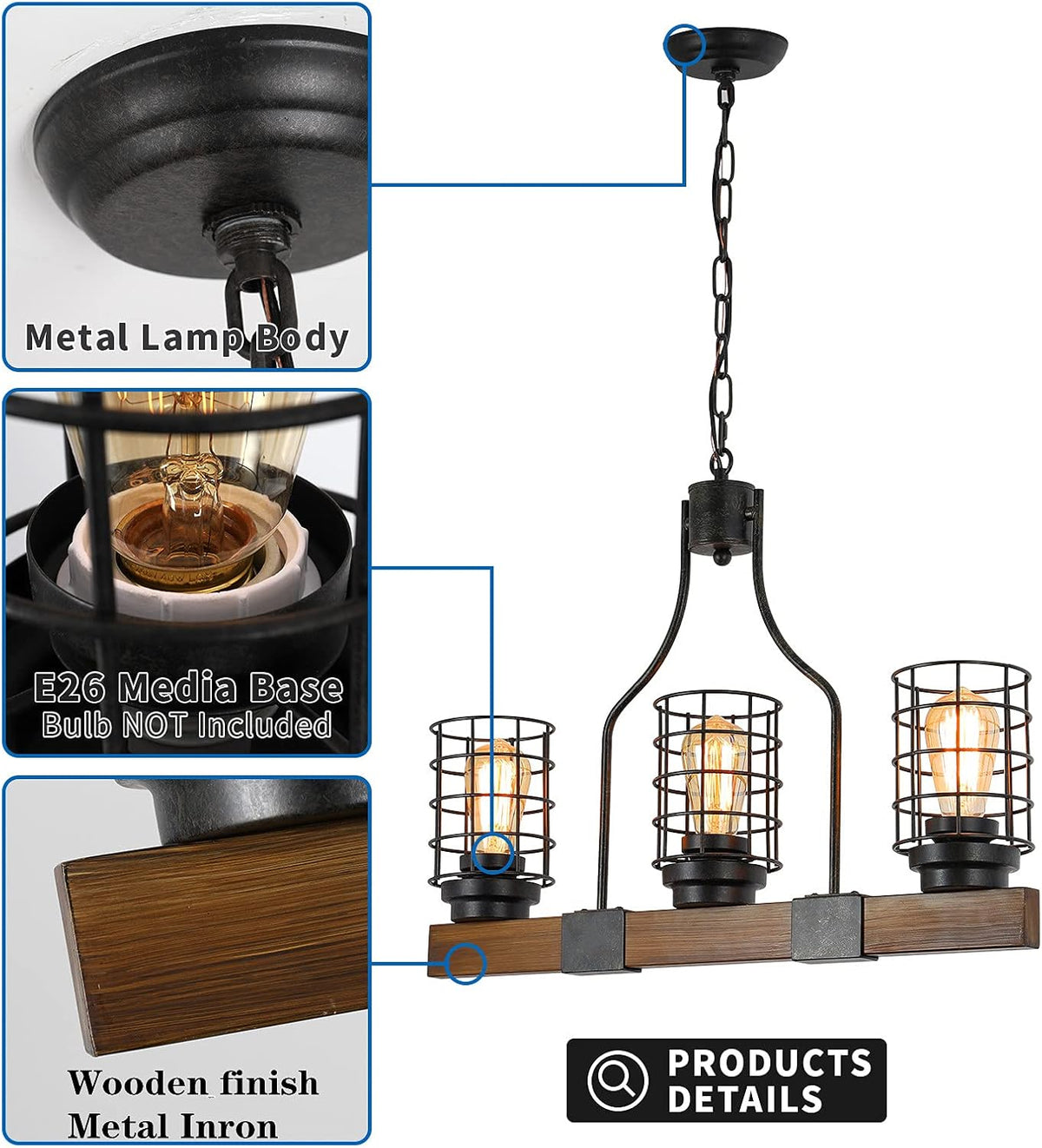 3-Lights Wood Chandelier with Cage Shade L865633