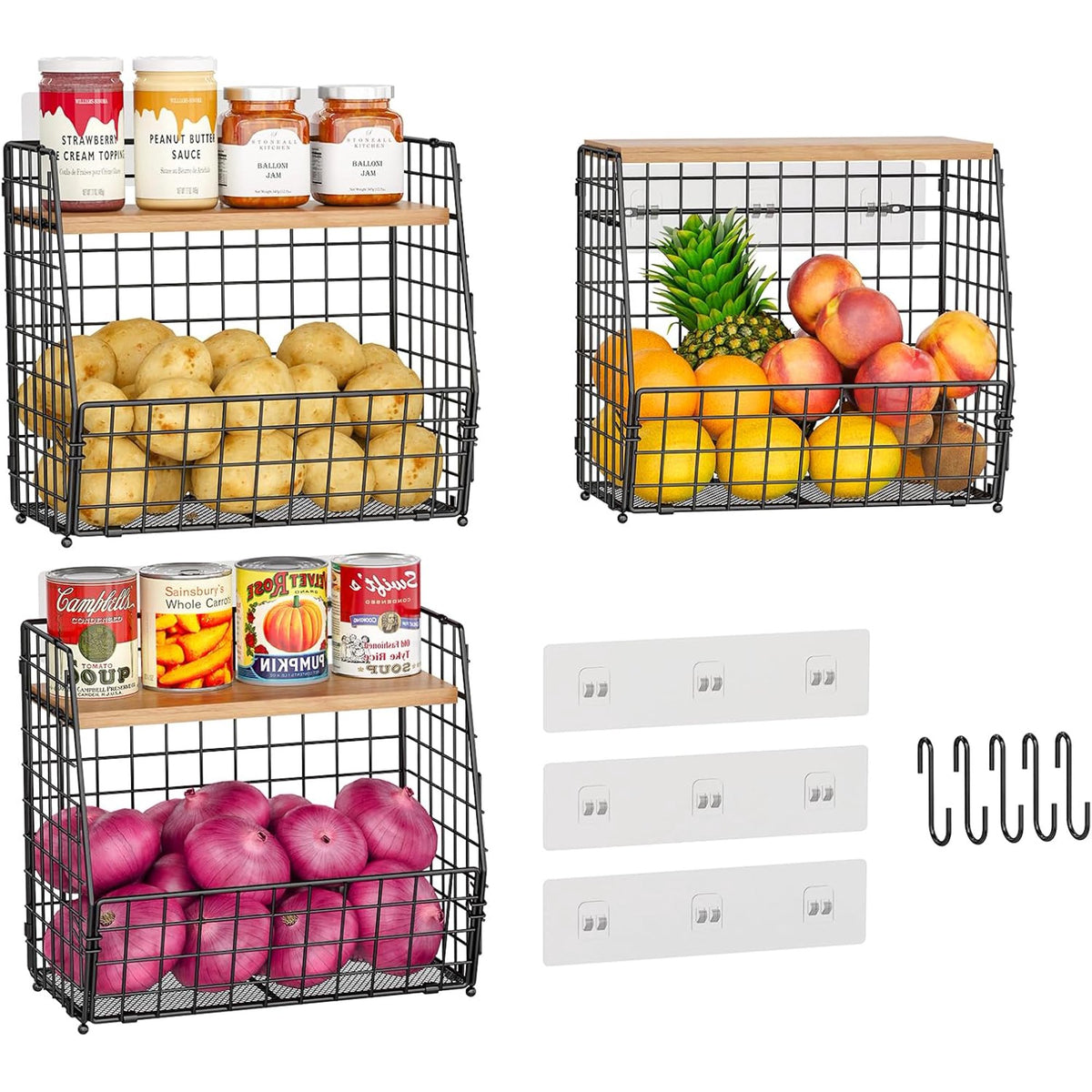 3 Pack Hanging Wire Basket with Wood Lid & S Hook F269