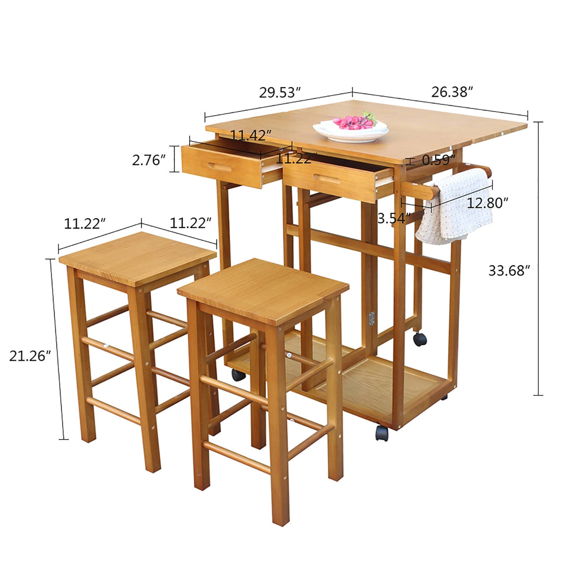 Square Folding Dining Cart Bar Table with 2 Stools N789