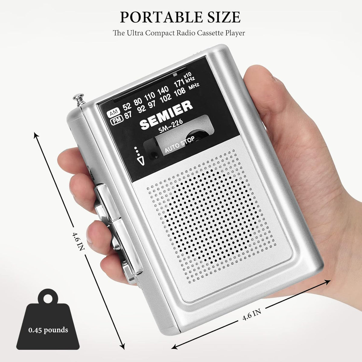 Silver Portable Cassette Player Recorder AM FM Radio Stereo with Built in Speaker and Earphones J5476