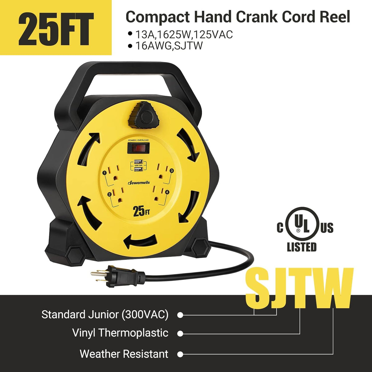 25FT Retractable Extension Cord Reel with 4 Outlets and 2 USB Ports I111