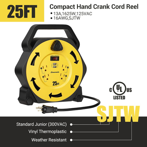25FT Retractable Extension Cord Reel with 4 Outlets and 2 USB Ports I111