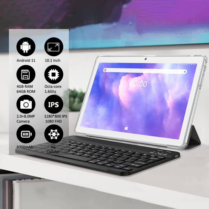 10.1 Inch Android Tablet with Keyboard 4GB RAM 64GB 128GB Expandable Silver U1341