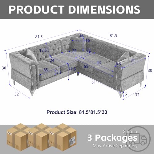 81.5" Chenille L-Shaped 5-Seater Sectional Sofa with 3 Cushions (Gray) J591463