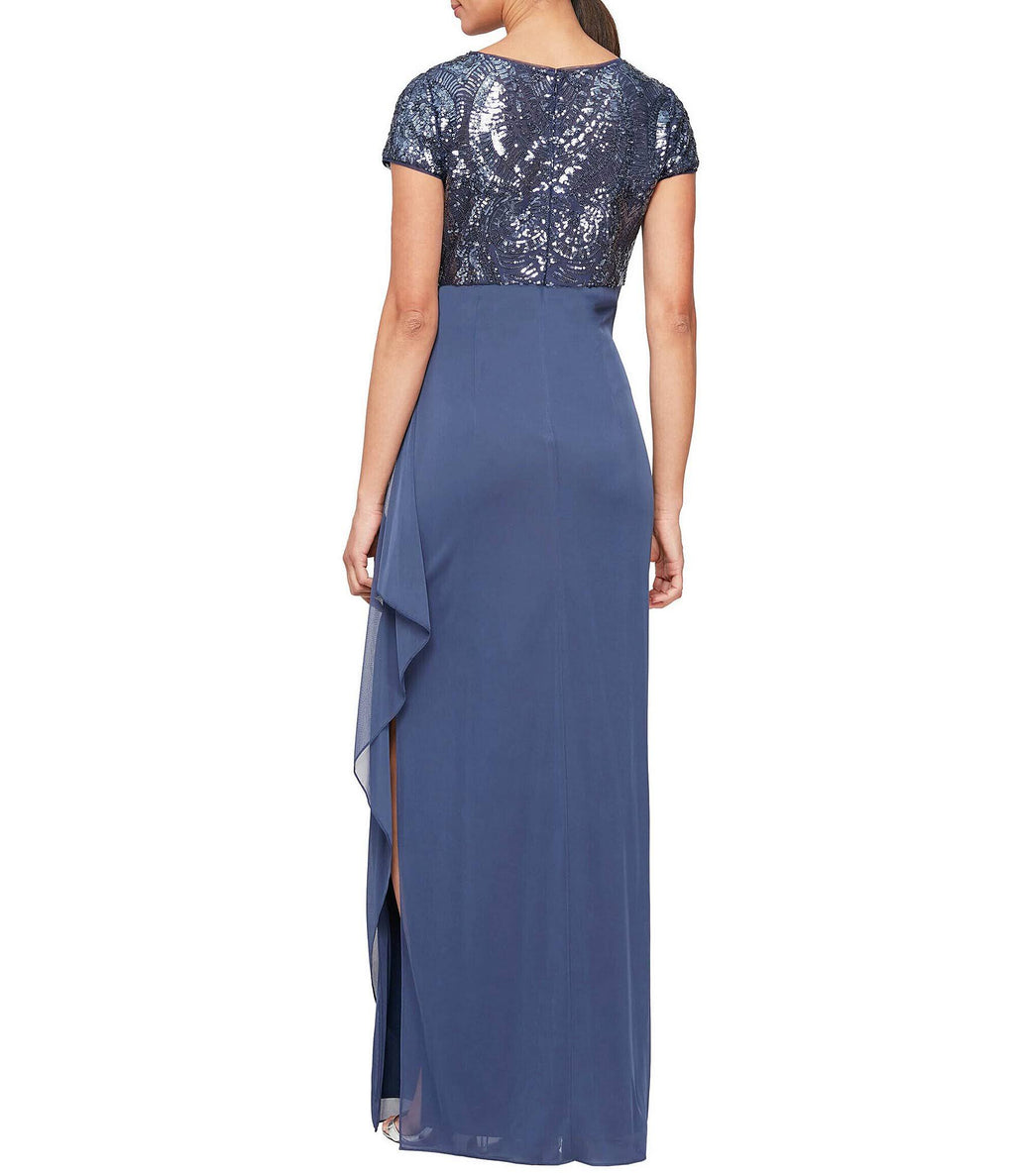 Cap Sleeve Stretch Sequin Side Ruffle Gown Q80673
