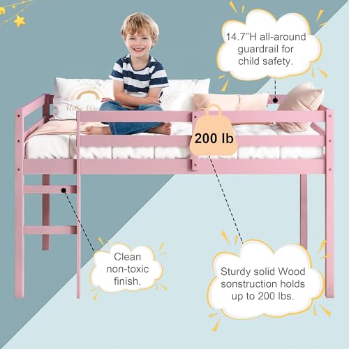 Twin Size Solid Wood Loft Bed Frame with Ladder and Safety Guardrail (White) B177