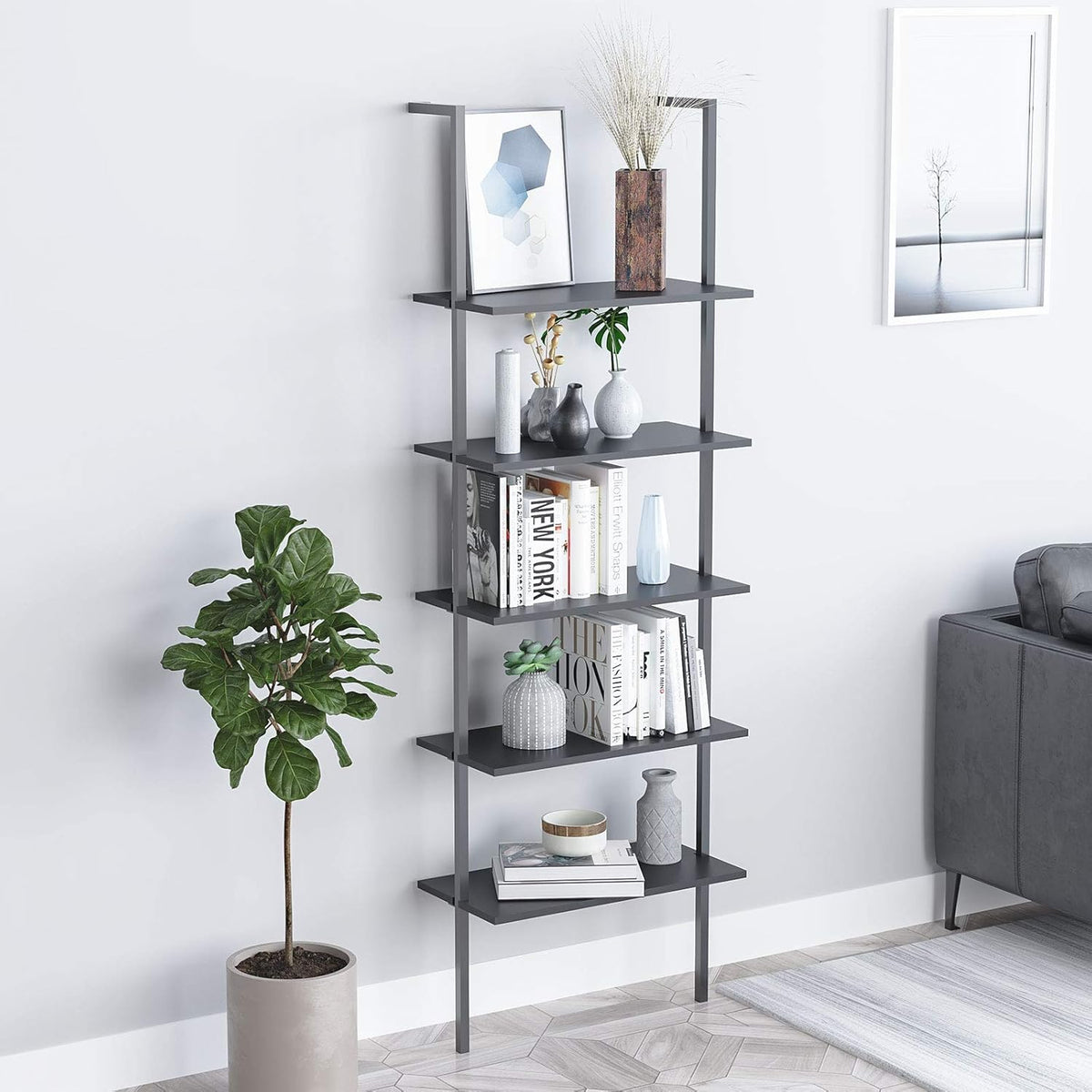 5-Shelf Black Wood Bookcase with Metal Frame P68500