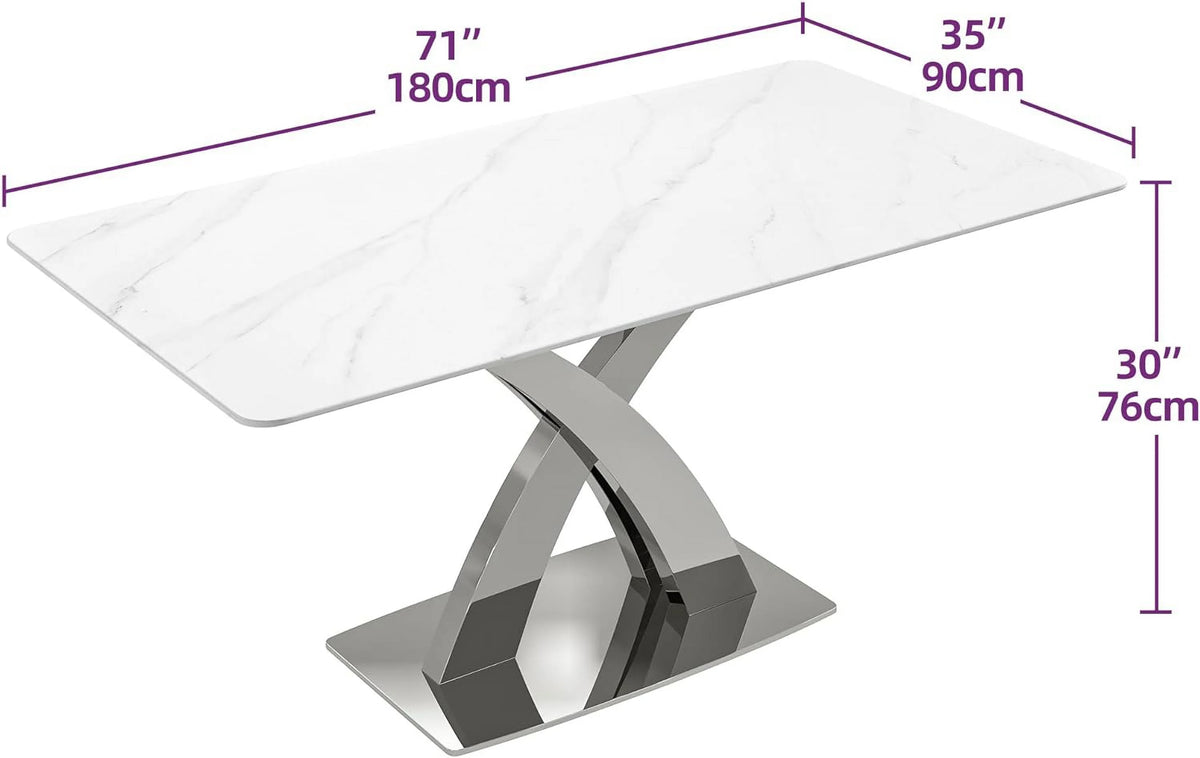 White Sintered Stone Dining Table for 8, Stainless Steel Base B241869