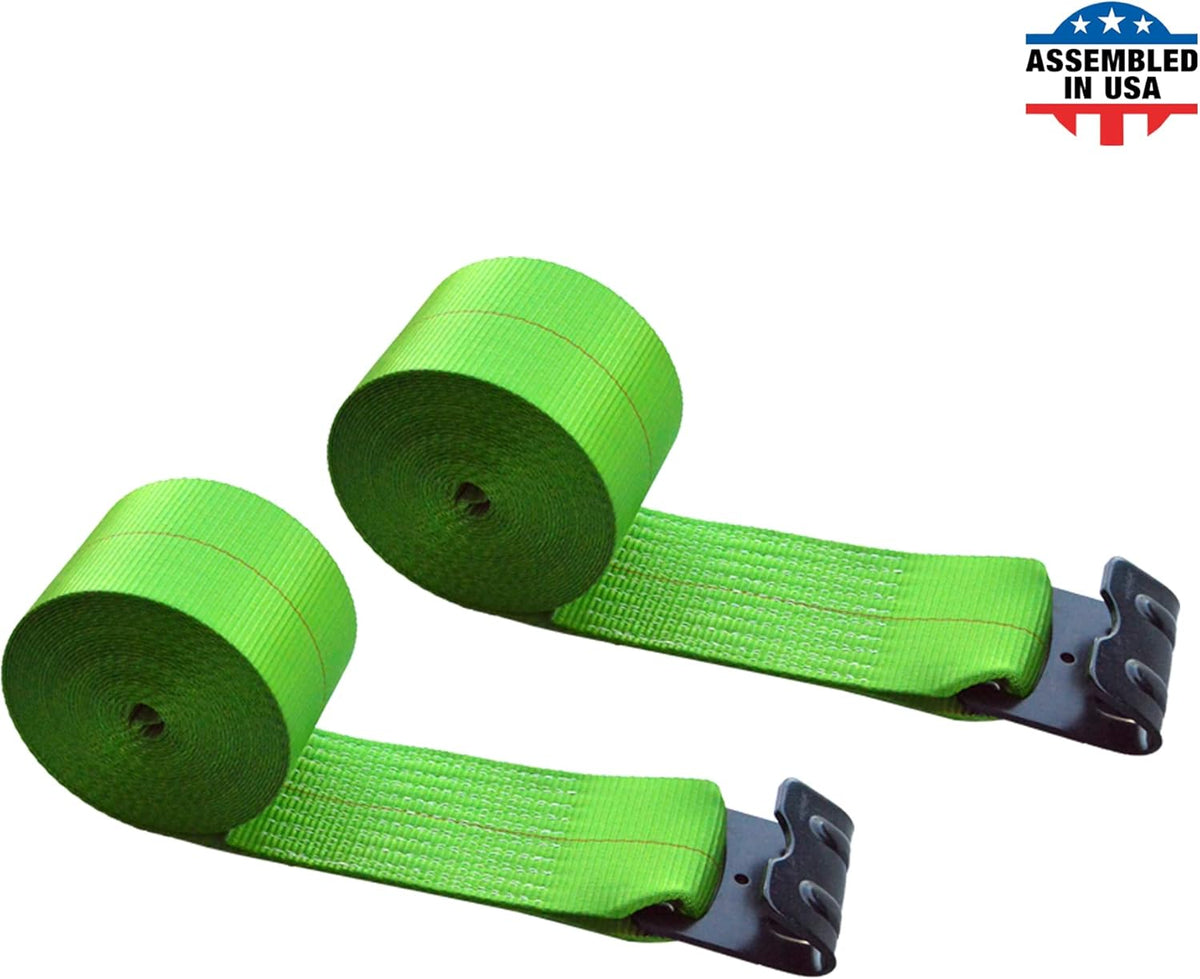 Green Tie Down Straps, Pack of 4, 4 x 60' Heavy Duty Winch Strap with Flat Hooks E20268
