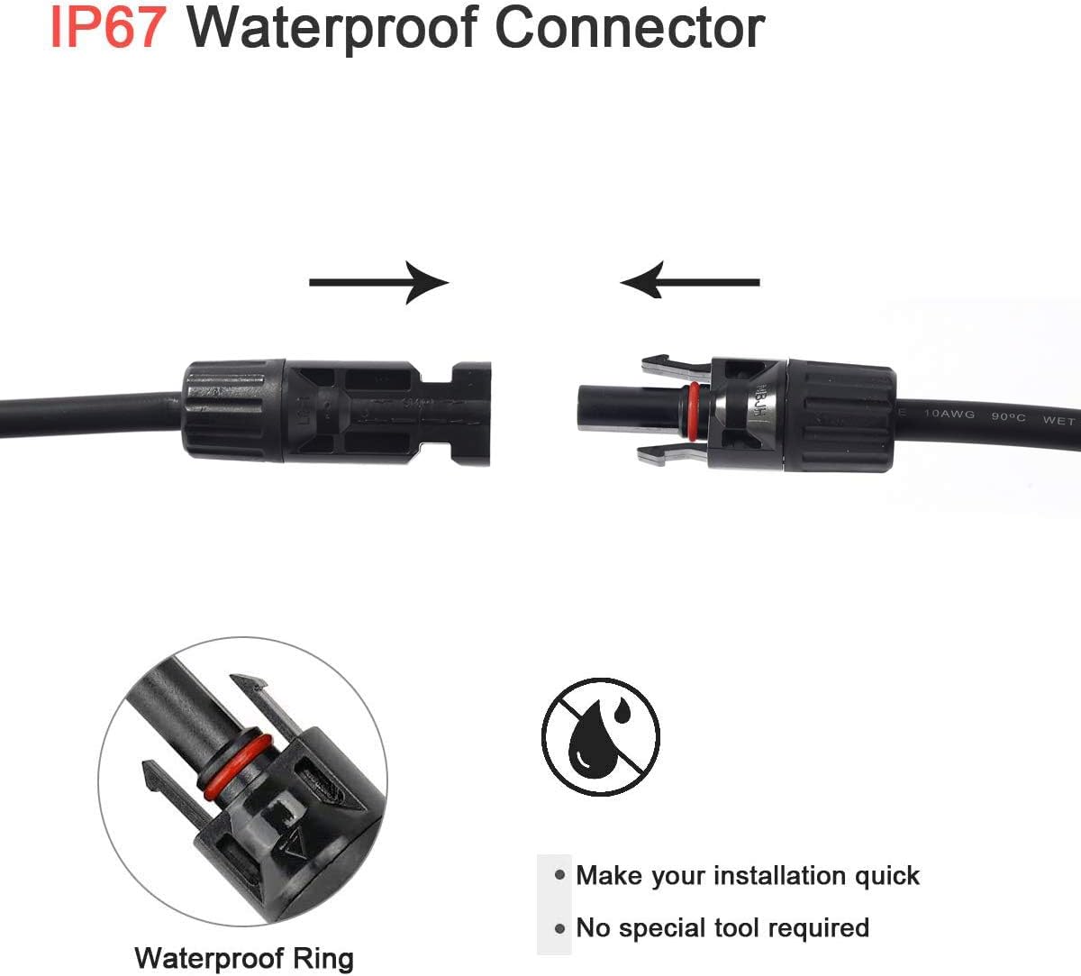 10AWG 20ft Solar Extension Cable with Female and Male Connectors, Pack of 2 E104