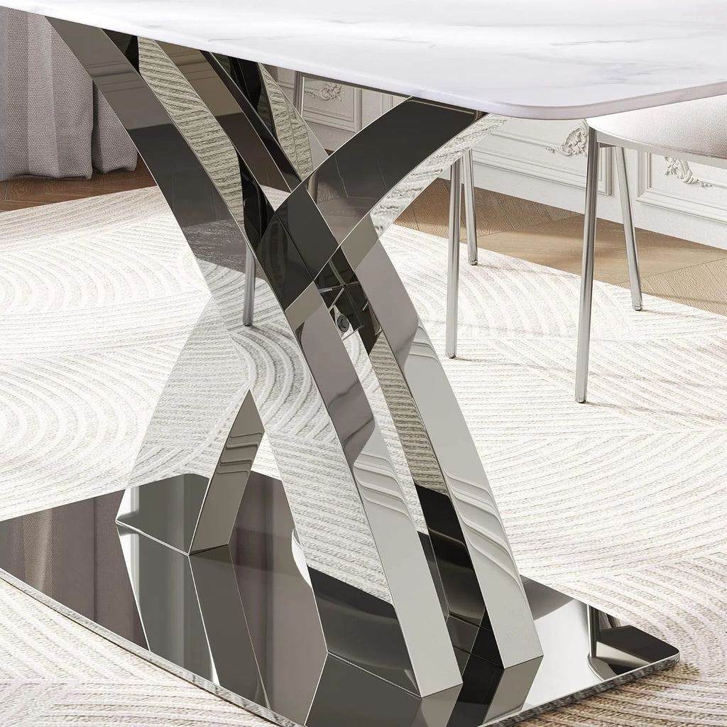 White Sintered Stone Dining Table for 8, Stainless Steel Base B241869