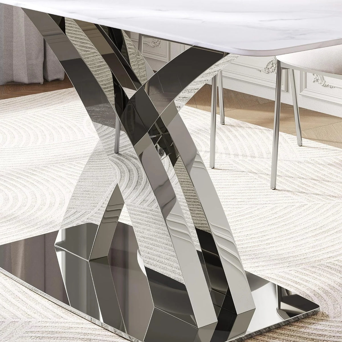 White Sintered Stone Dining Table for 8, Stainless Steel Base B241869