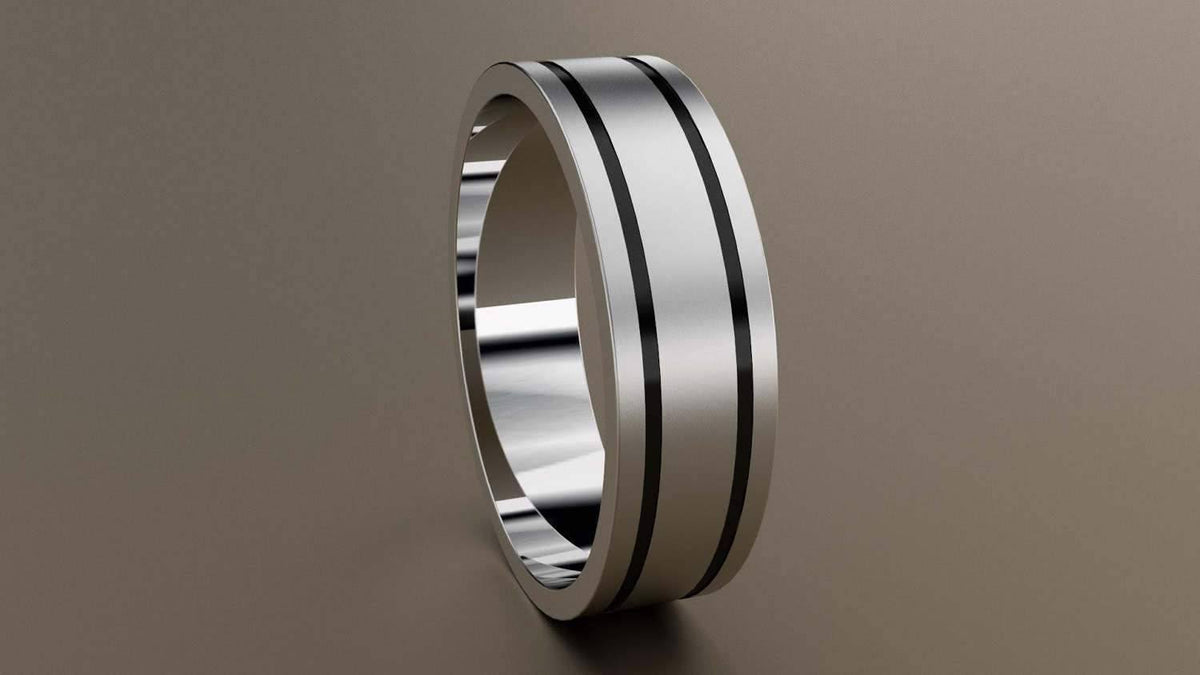 Brushed White Gold 6mm Double Black Groove Wedding Band 10kt H64029