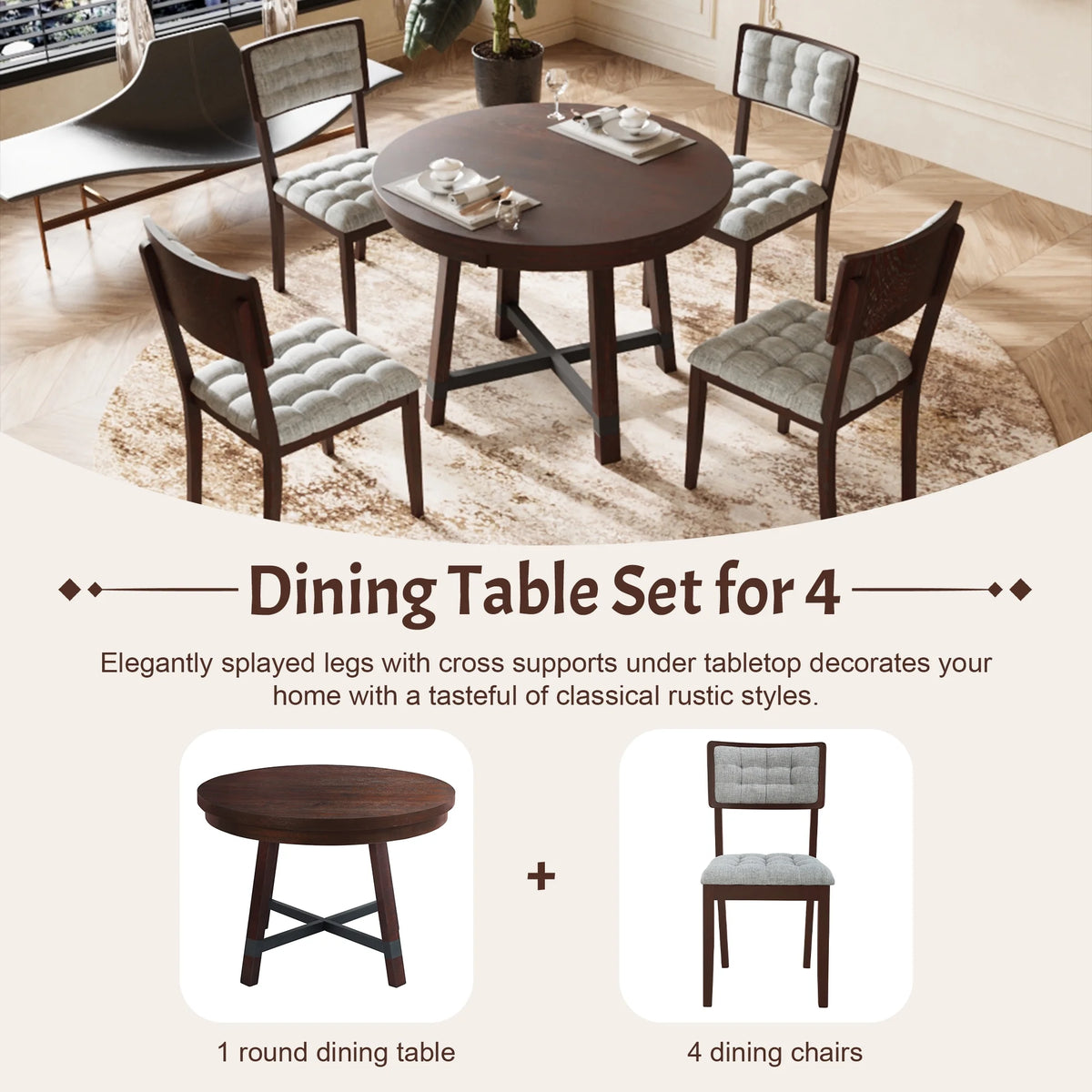Rustic Wood 5 Piece Dining Table Set C881069