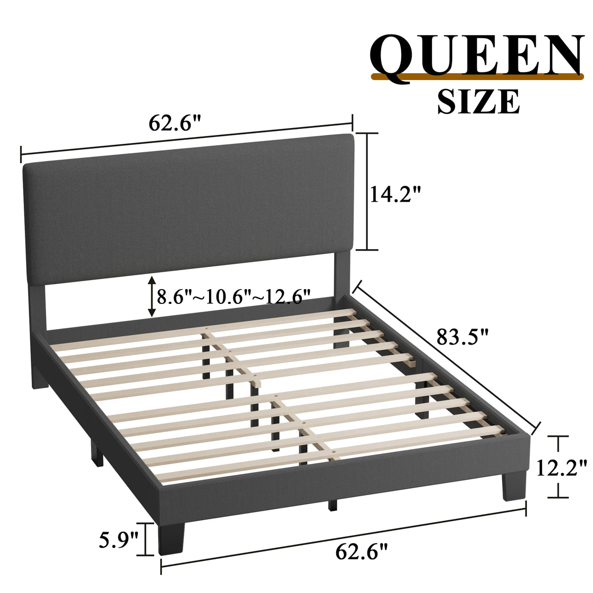 Queen Size Dark Gray Upholstered Bed Frame L2374