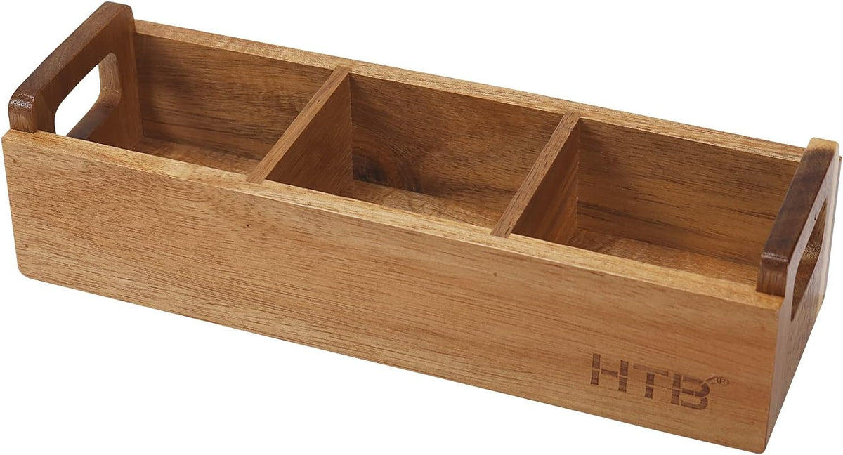 Acacia Wood Tea Bag Box with Handle, 3 Compartments E361