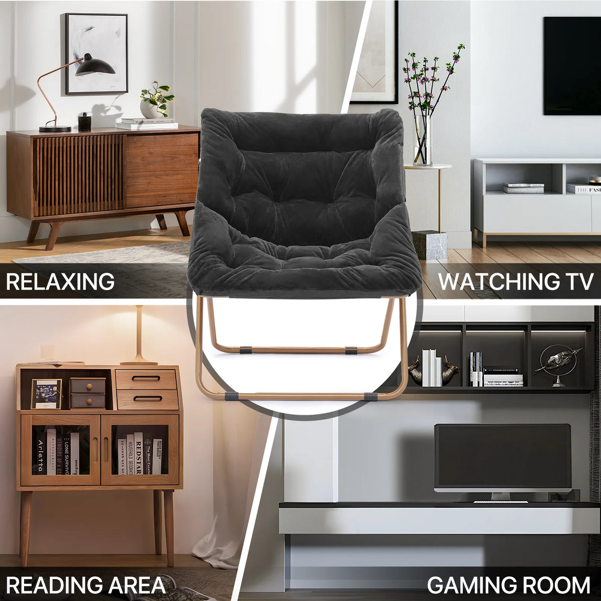Black Faux Fur Folding Saucer Chair and Ottoman Set of 2 V972