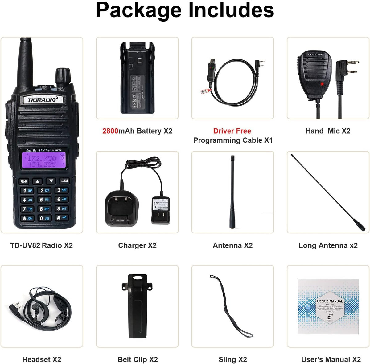 2PCS Dual Band Ham Radio Handheld with Programming Cable and Long Antenna G47999