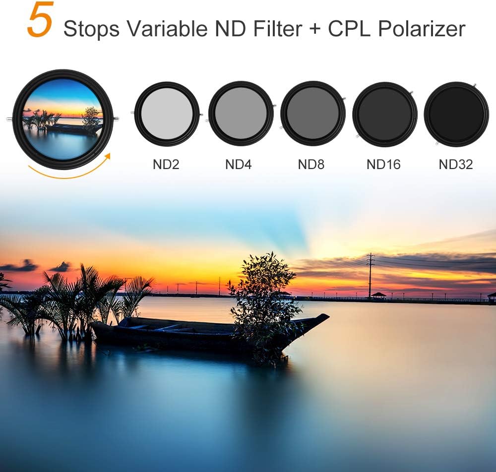 52mm Variable Fader ND2-ND32 ND Filter and CPL Circular Polarizing Filter 2 in 1 Pack of 2 X860